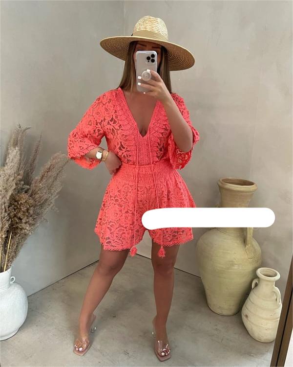 💥 Casual short V-neck lace suit💕