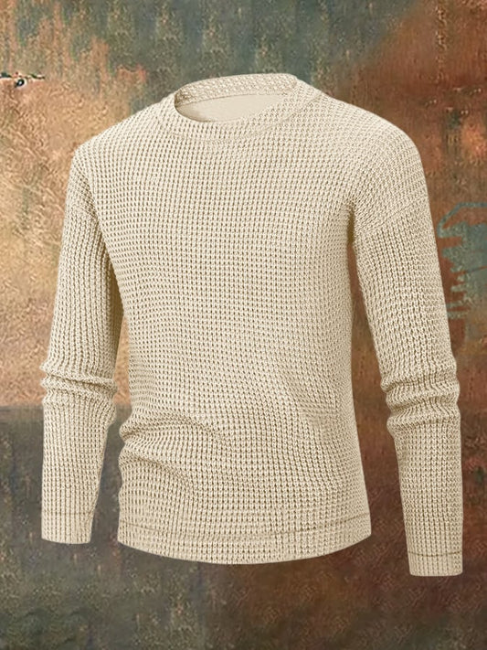 Men's Waffle Simple Solid Color Round Neck Long Sleeve Knit Shirt