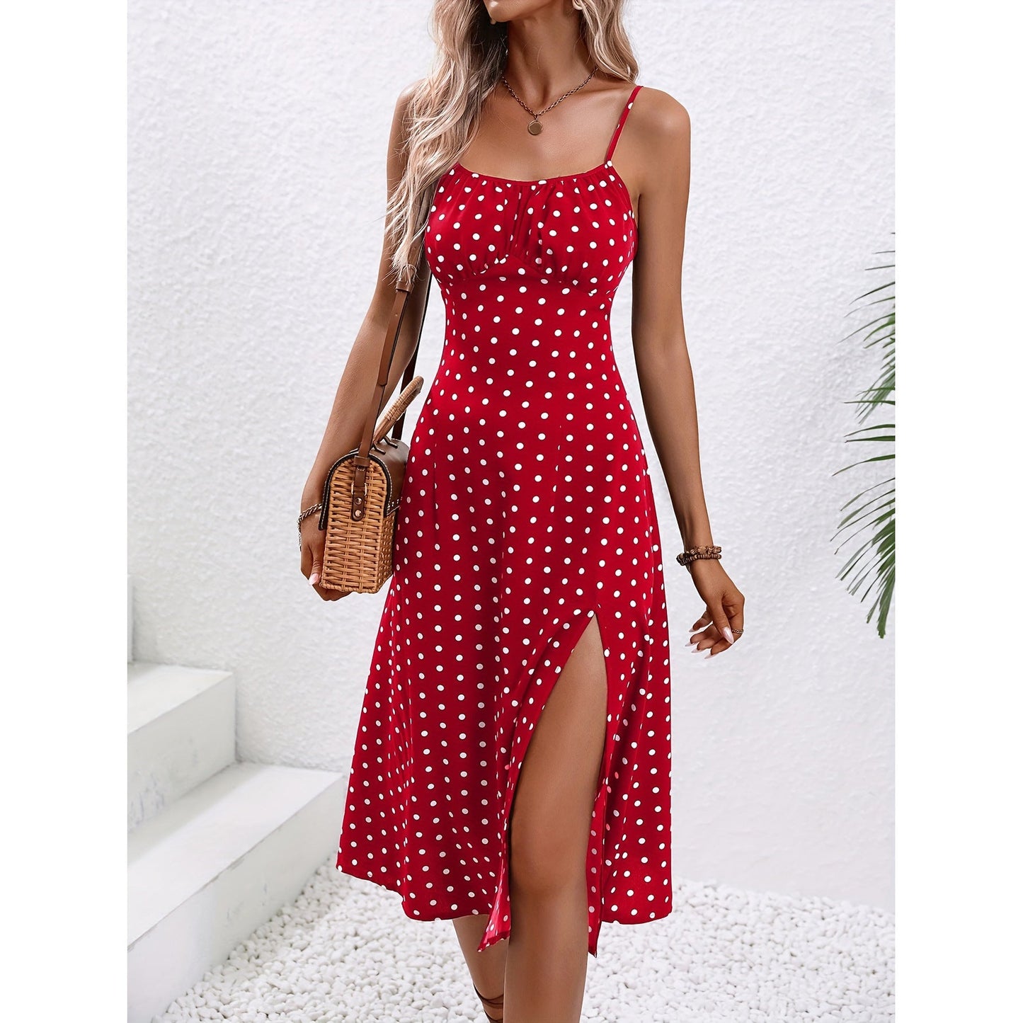Polka Dot Print Maxi Dress with Sexy Slit and Suspender Straps
