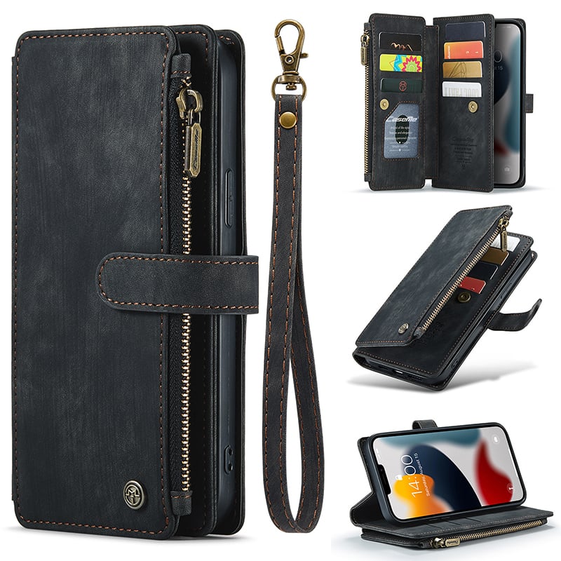 Luxurious & High-end Leather Wallet Flip iPhone Case with Wrist Strap