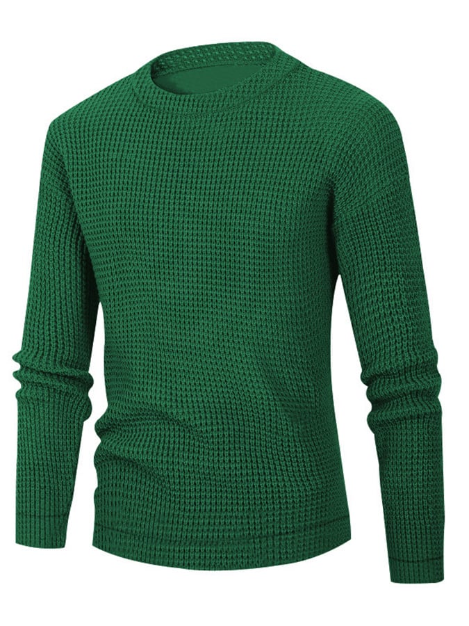 Men's Waffle Simple Solid Color Round Neck Long Sleeve Knit Shirt