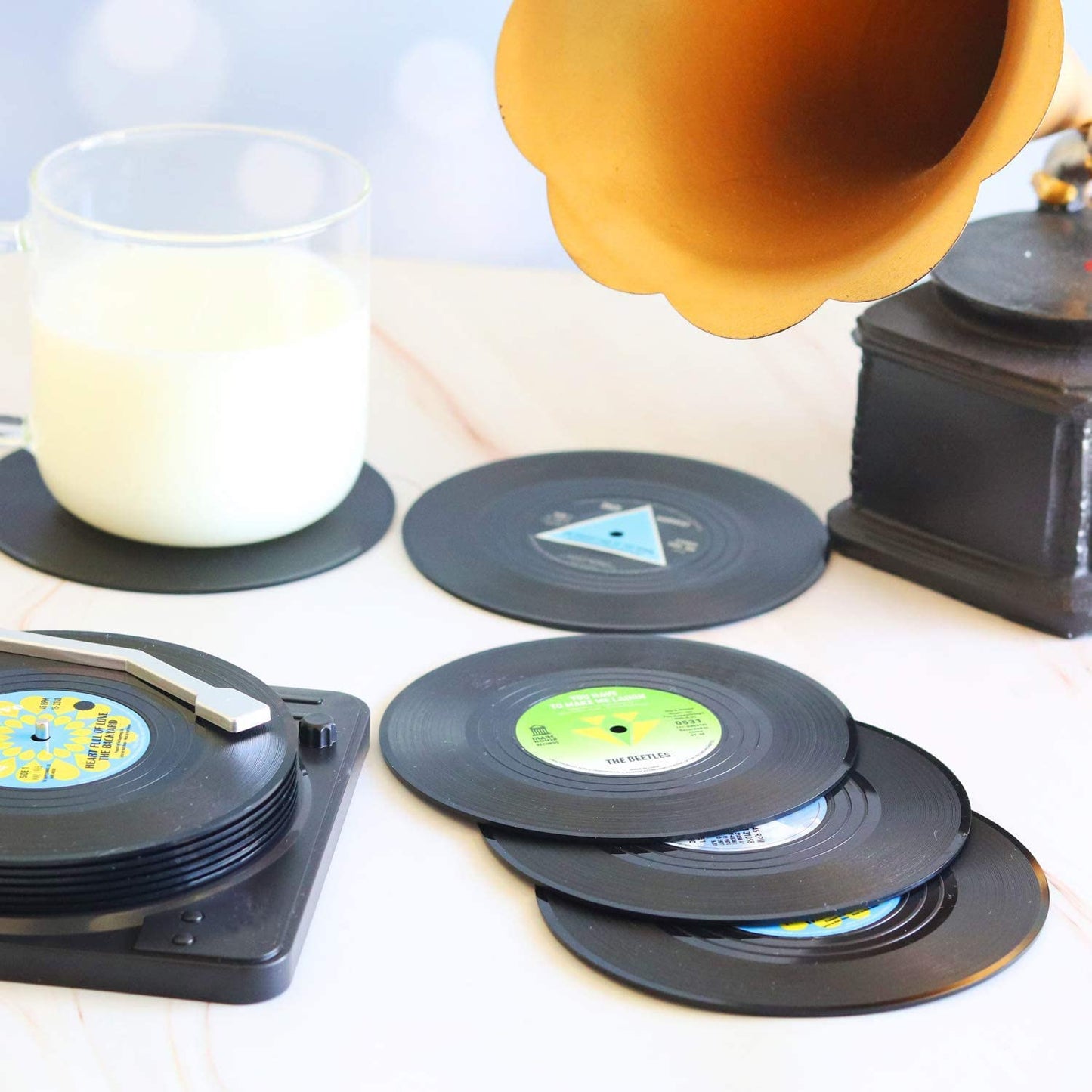 Vinyl Record Coasters with Retro Vinyl Player Holder