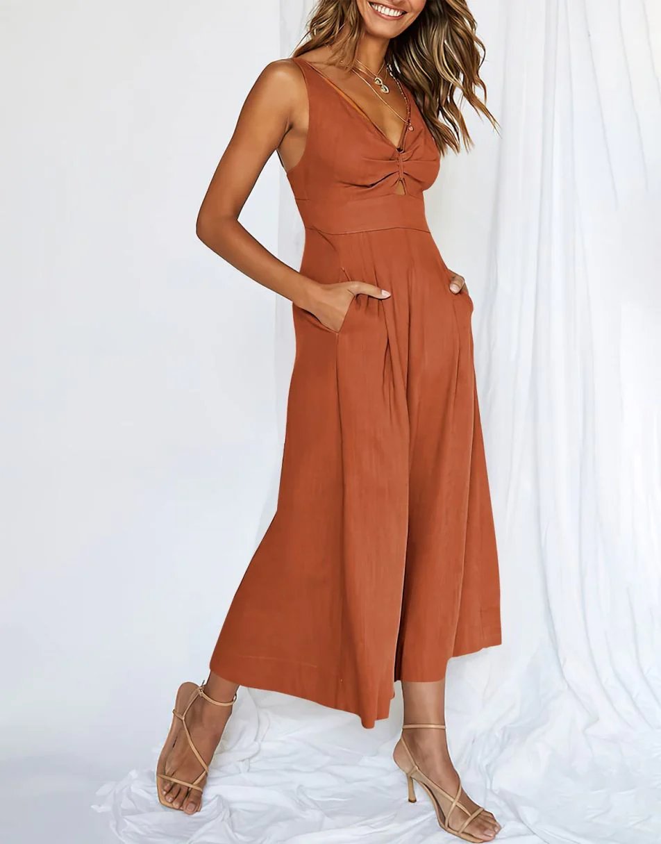 V Neck Cutout High-Waist Rompers