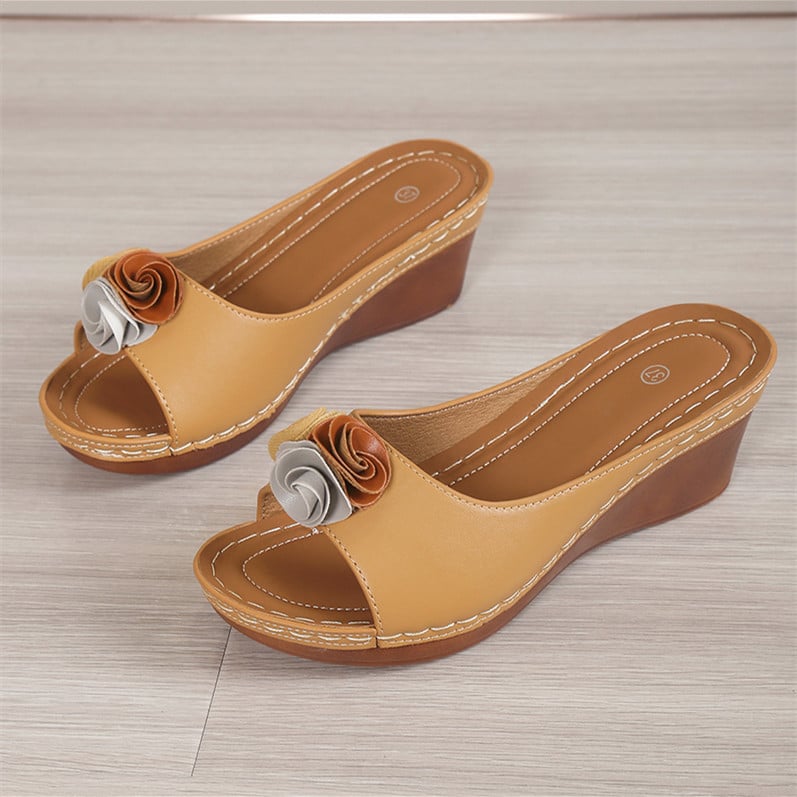 Women's Comfy Leather Solid Flower Strap Wedge Sandals