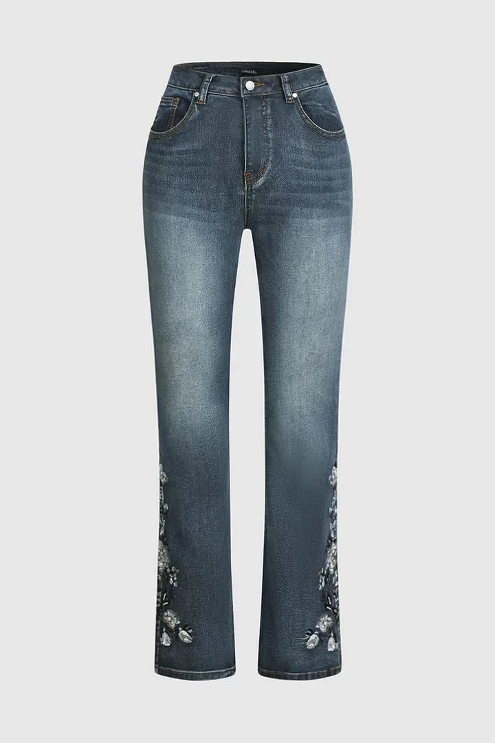 🔥Floral Hand Embroidery Mid Waist Bootcut Jeans🔥