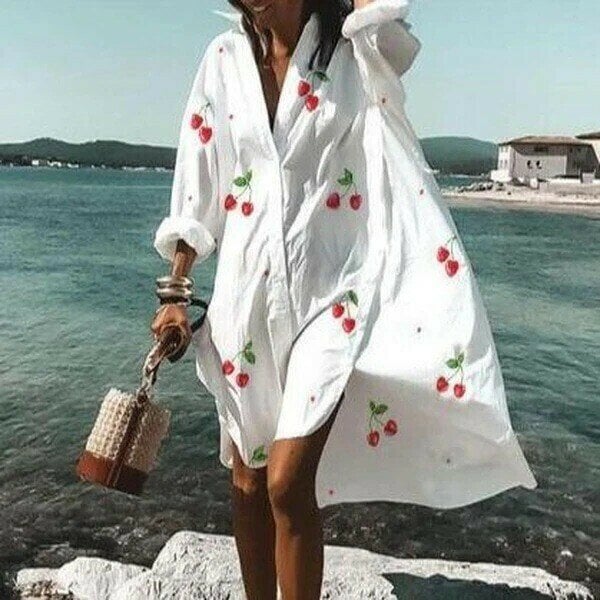 Ladies White Floral Print Loose Shirt Dress