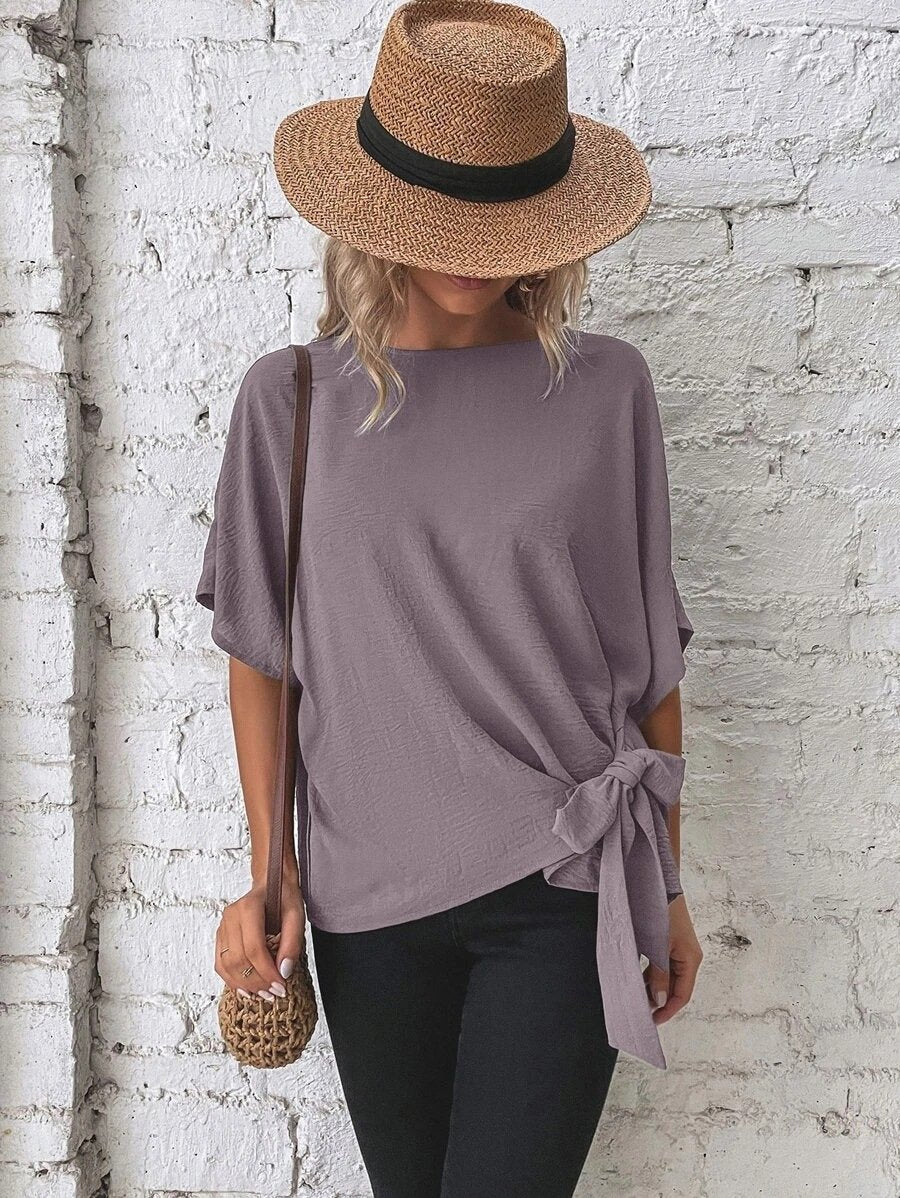 🌷Women's cotton and linen crewneck tie knot top