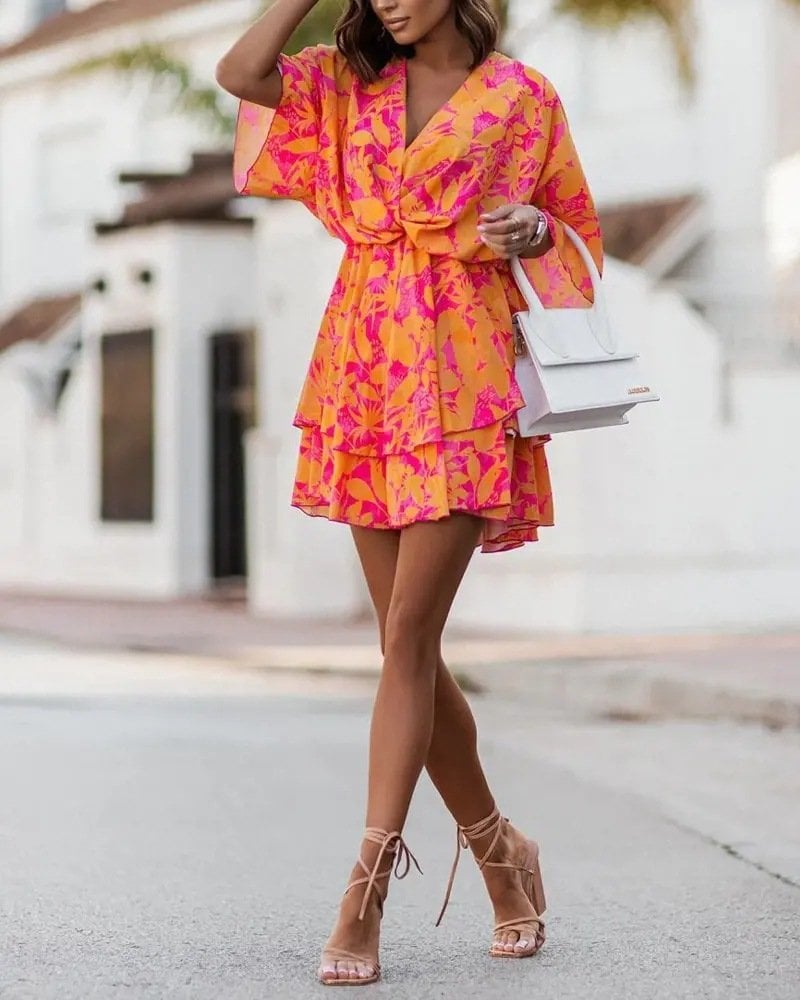 🌹Summer Popular V-Neck Loose Doll Sleeve Print Dress Women's👗