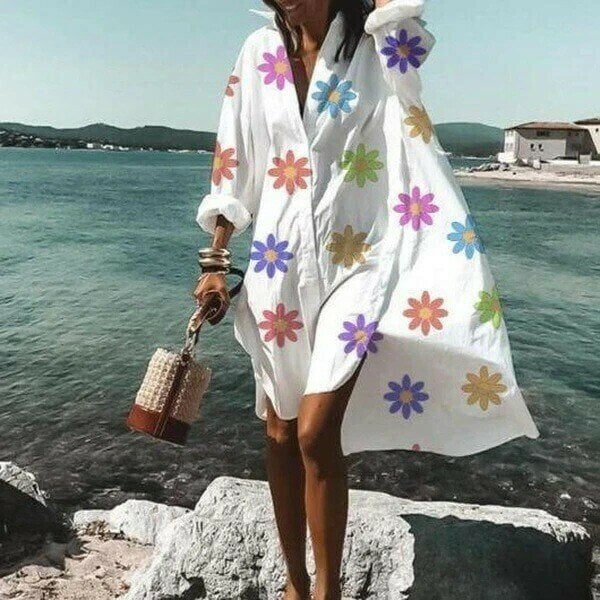 Ladies White Floral Print Loose Shirt Dress