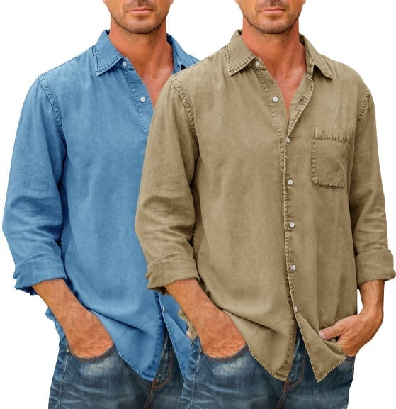 🔥Today’s Deal-Mens Denim Long Sleeve Button Down Shirt