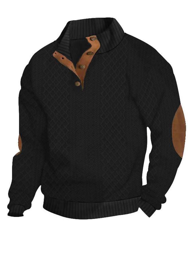 Men's Casual Jacquard Loose Half Button Standing Collar Pullover Sweatshirt