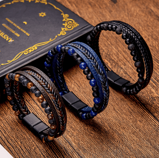 Natural Stone Obsidian Magnetic Buckle Men's Leather Bracelet-3 styles