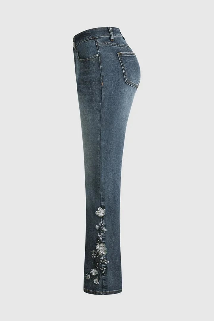 🔥Floral Hand Embroidery Mid Waist Bootcut Jeans🔥