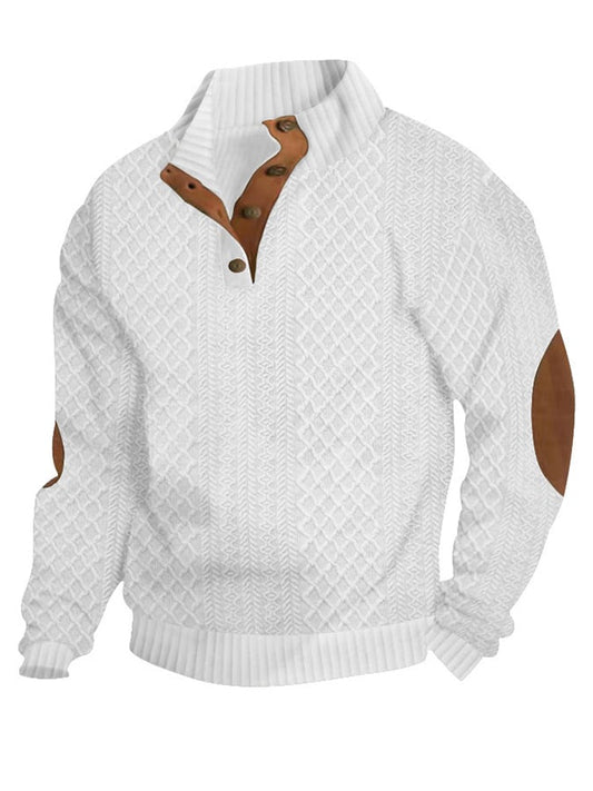 Men's Casual Jacquard Loose Half Button Standing Collar Pullover Sweatshirt