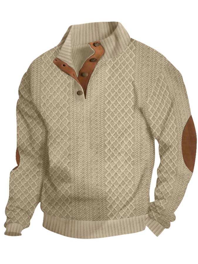 Men's Casual Jacquard Loose Half Button Standing Collar Pullover Sweatshirt