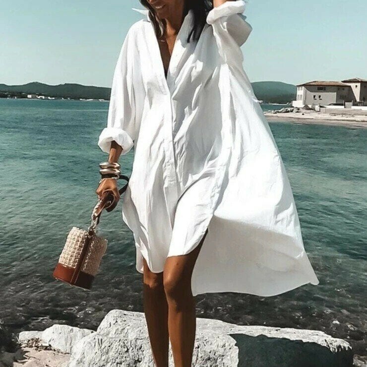 Ladies White Floral Print Loose Shirt Dress