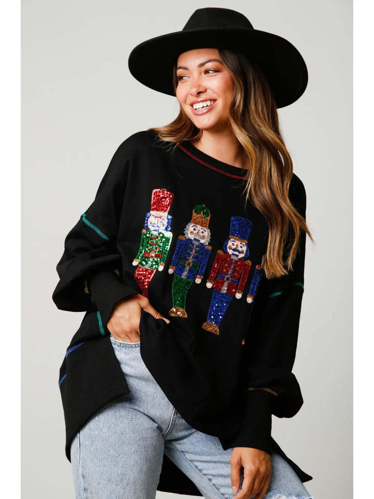 Christmas sequin print crew neck long sleeve sweatshirt