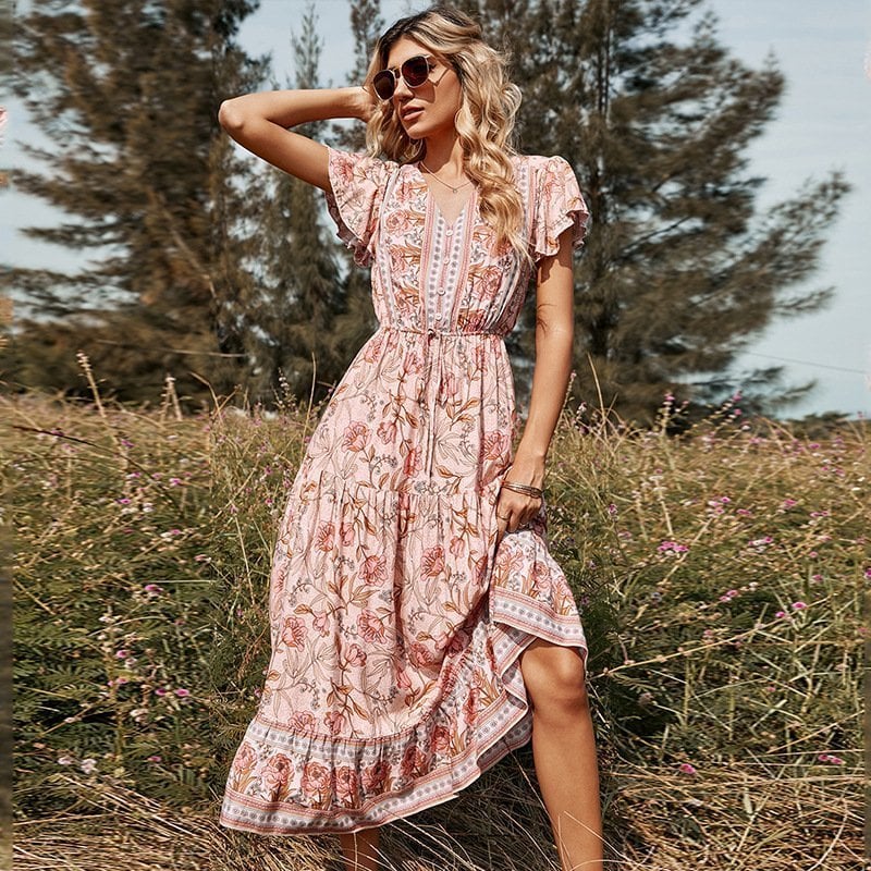 Short Sleeve V-Neck Tie Pink Print Midi Dress