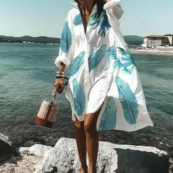 Ladies White Floral Print Loose Shirt Dress