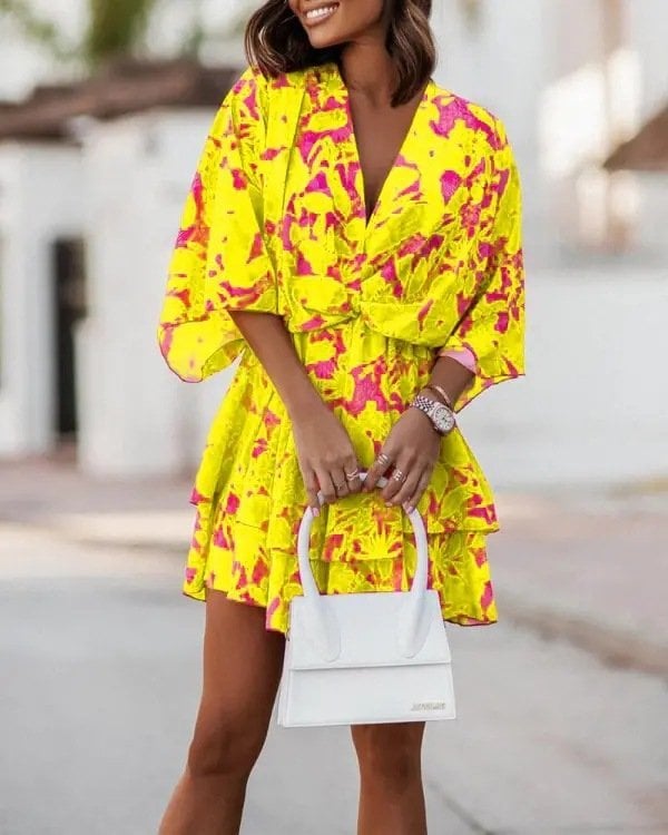 🌹Summer Popular V-Neck Loose Doll Sleeve Print Dress Women's👗