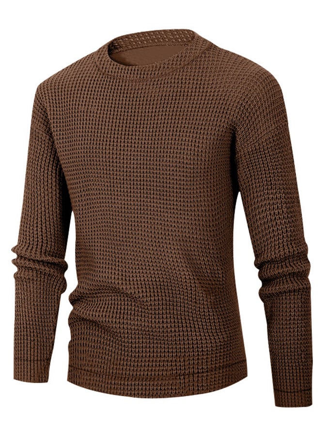 Men's Waffle Simple Solid Color Round Neck Long Sleeve Knit Shirt