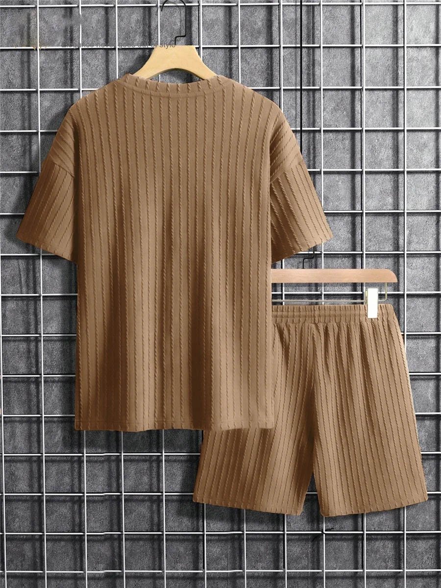 Men's Two Piece Suits Fashion Solid Stripe Short-sleeve T-shirts Shorts