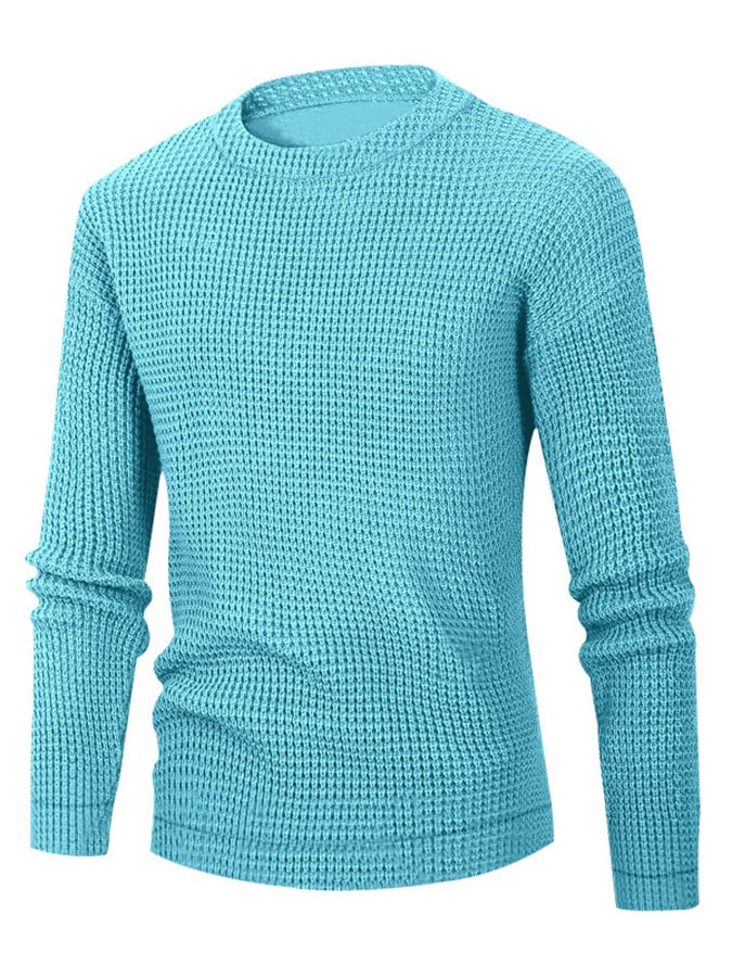 Men's Waffle Simple Solid Color Round Neck Long Sleeve Knit Shirt