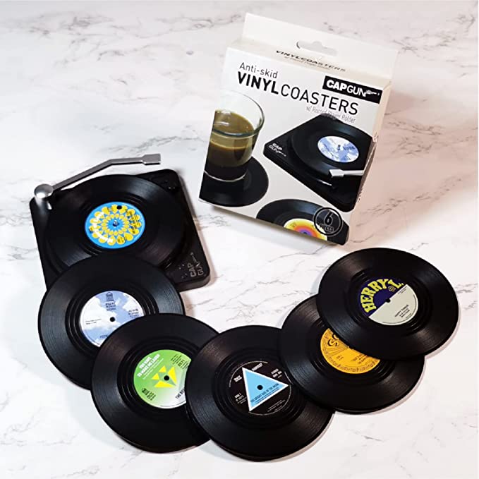 Vinyl Record Coasters with Retro Vinyl Player Holder