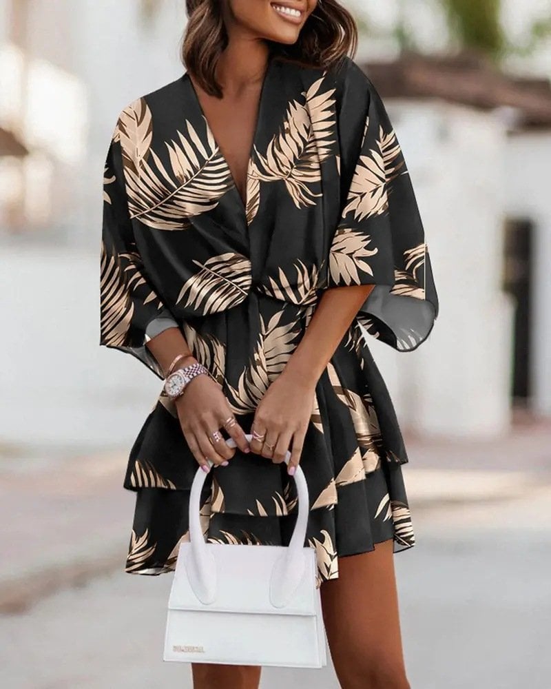 🌹Summer Popular V-Neck Loose Doll Sleeve Print Dress Women's👗