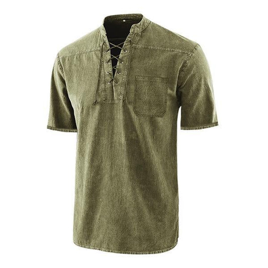 Men Gothic Retro T Shirt Lace-up V-neck Pocket Short Sleeve Tee Shirt Loose Tops