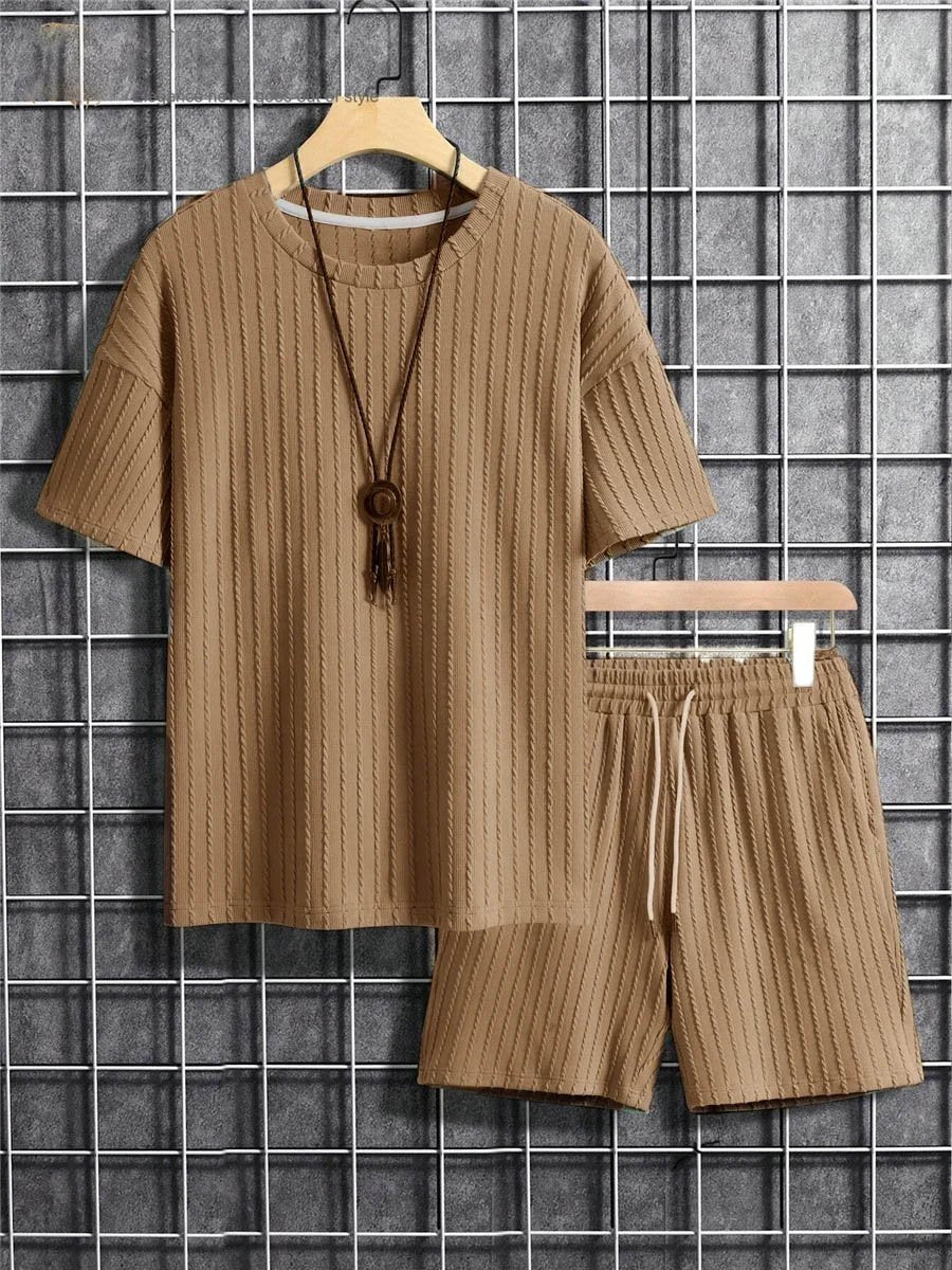 Men's Two Piece Suits Fashion Solid Stripe Short-sleeve T-shirts Shorts