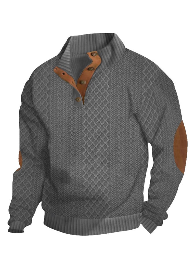 Men's Casual Jacquard Loose Half Button Standing Collar Pullover Sweatshirt