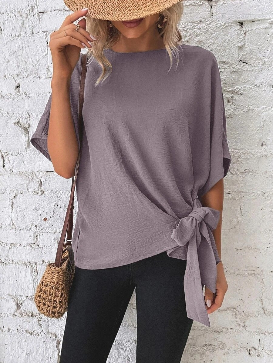 🌷Women's cotton and linen crewneck tie knot top