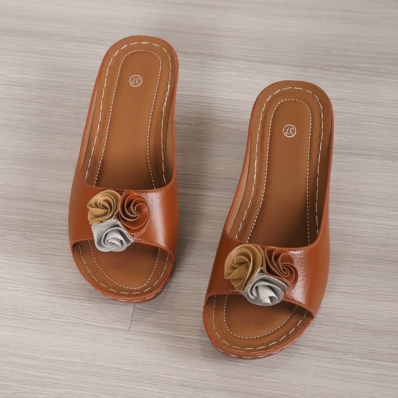 Women's Comfy Leather Solid Flower Strap Wedge Sandals