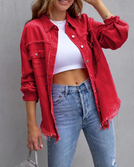 Women's Basic Casual Ripped Denim Jacket