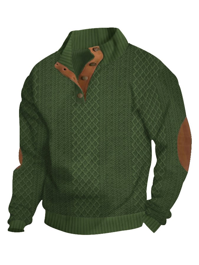 Men's Casual Jacquard Loose Half Button Standing Collar Pullover Sweatshirt