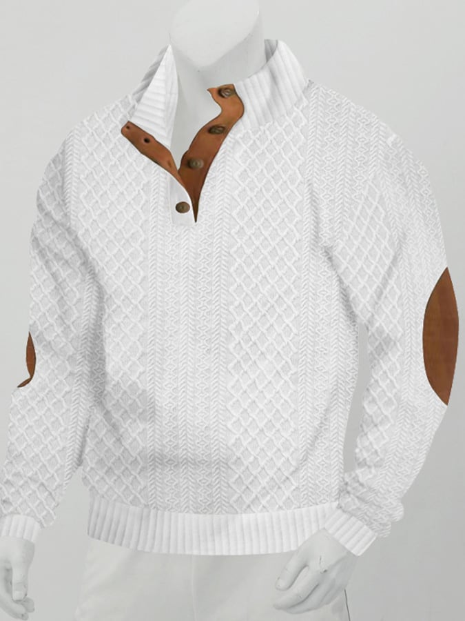 Men's Casual Jacquard Loose Half Button Standing Collar Pullover Sweatshirt