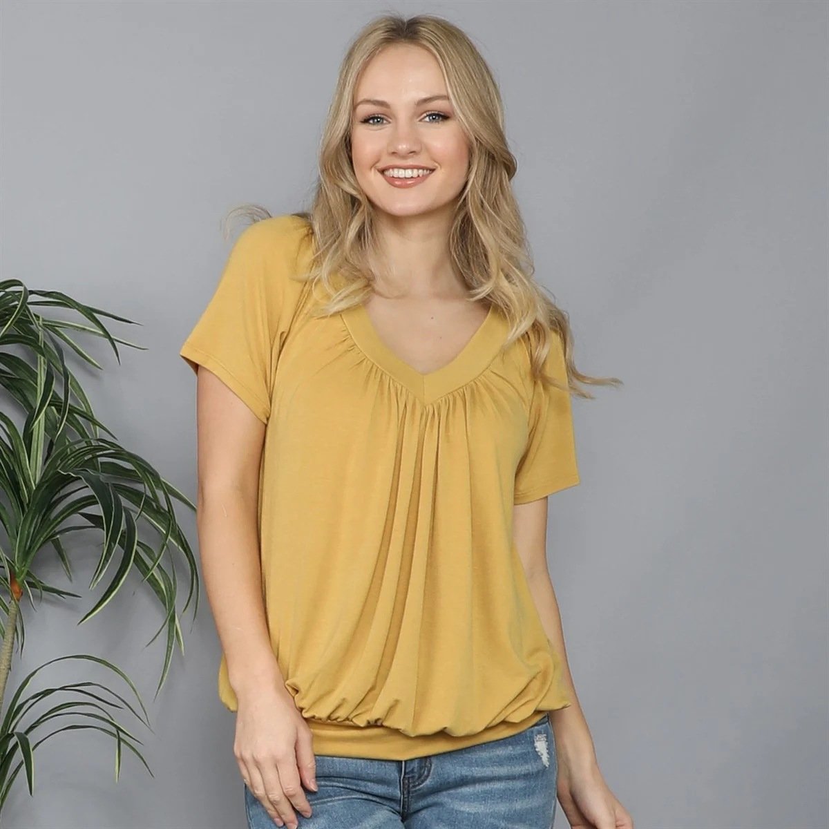 Solid Color Pleat Design T-shirt Top