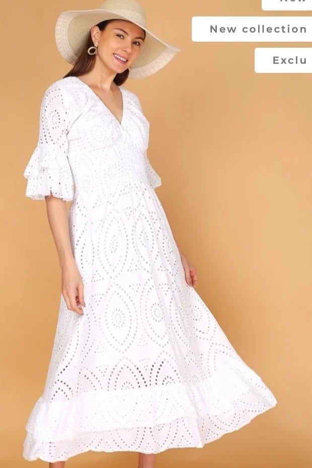 Embroidery Anglaise Frill Sleeve Midi Dress