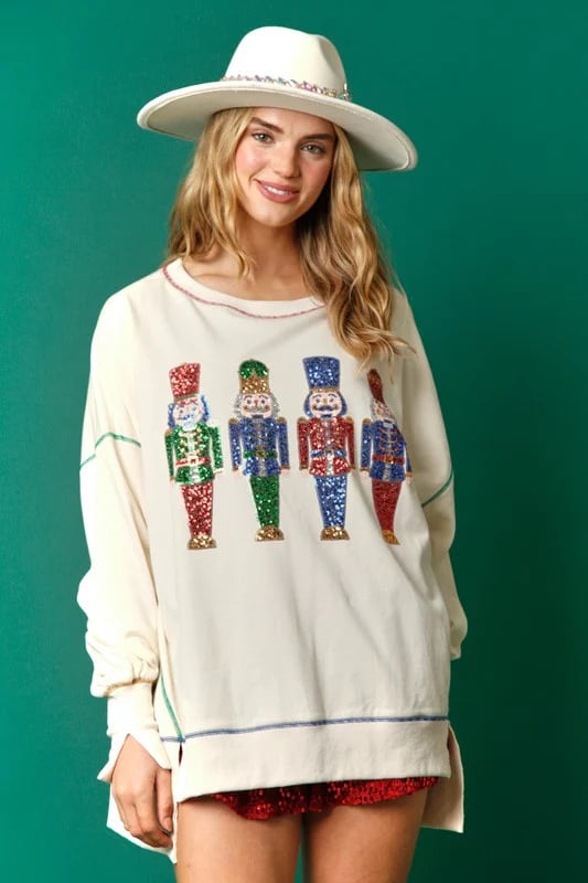 Christmas sequin print crew neck long sleeve sweatshirt