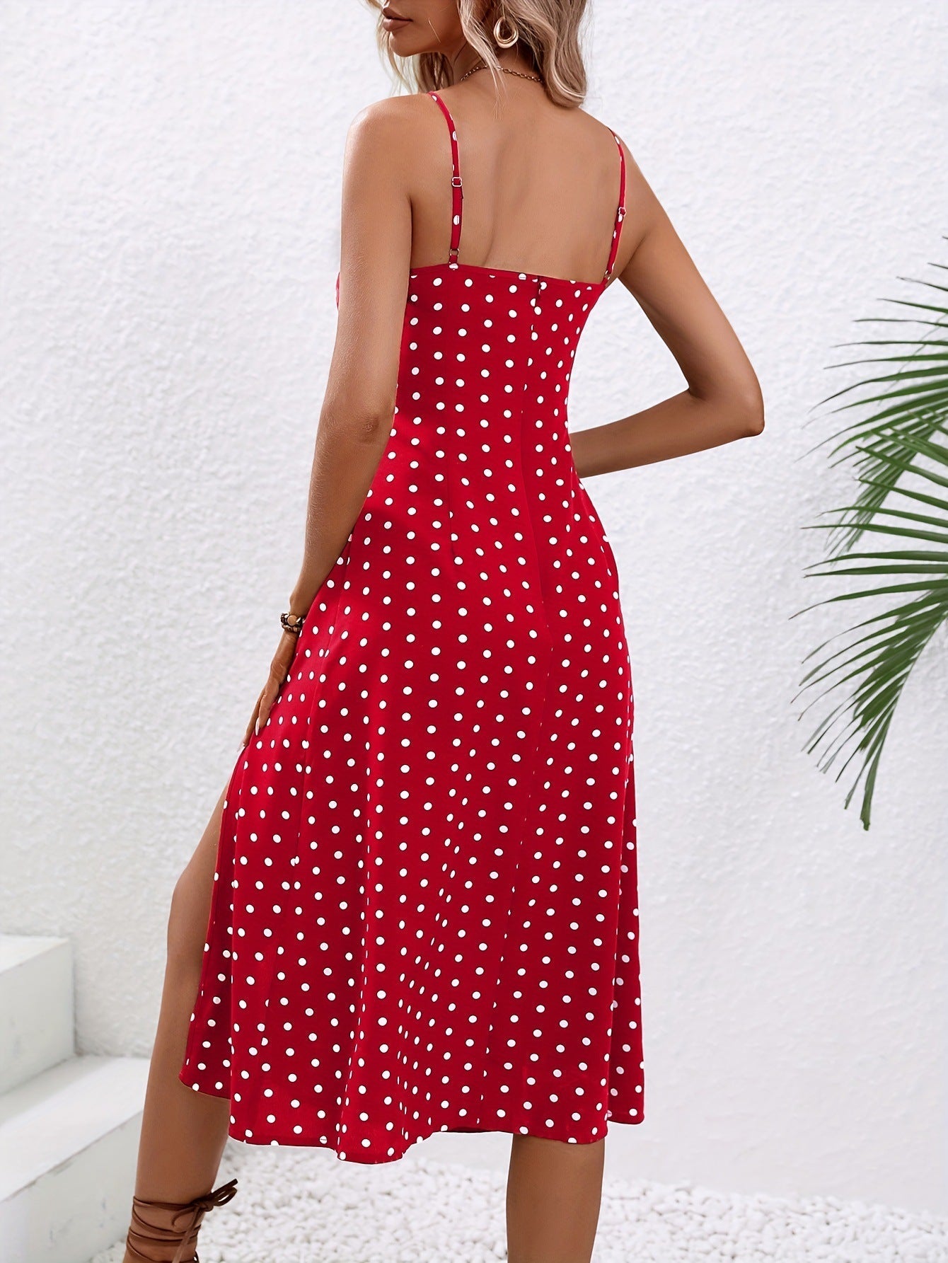 Polka Dot Print Maxi Dress with Sexy Slit and Suspender Straps