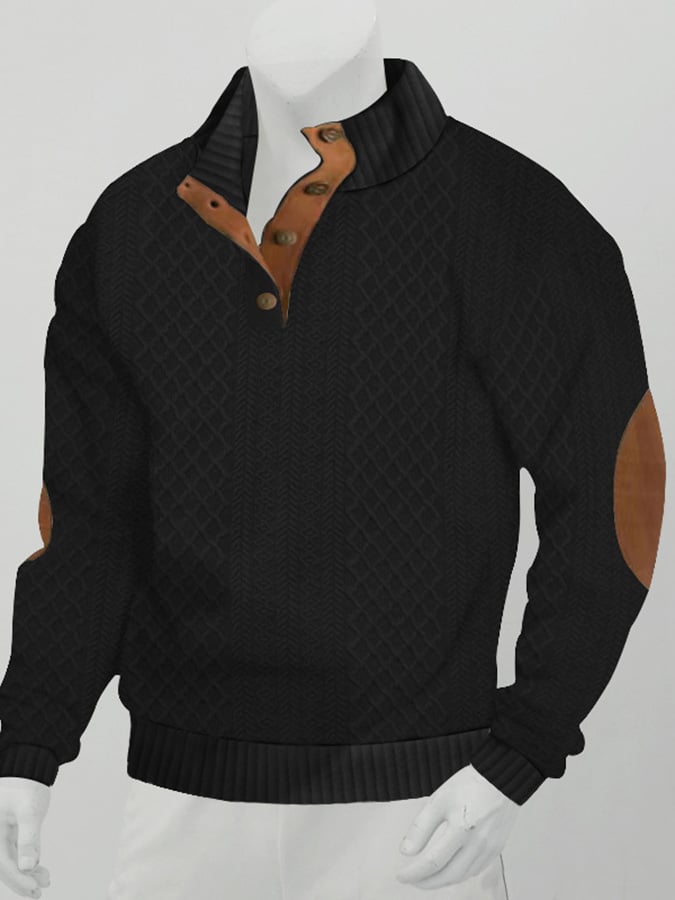 Men's Casual Jacquard Loose Half Button Standing Collar Pullover Sweatshirt