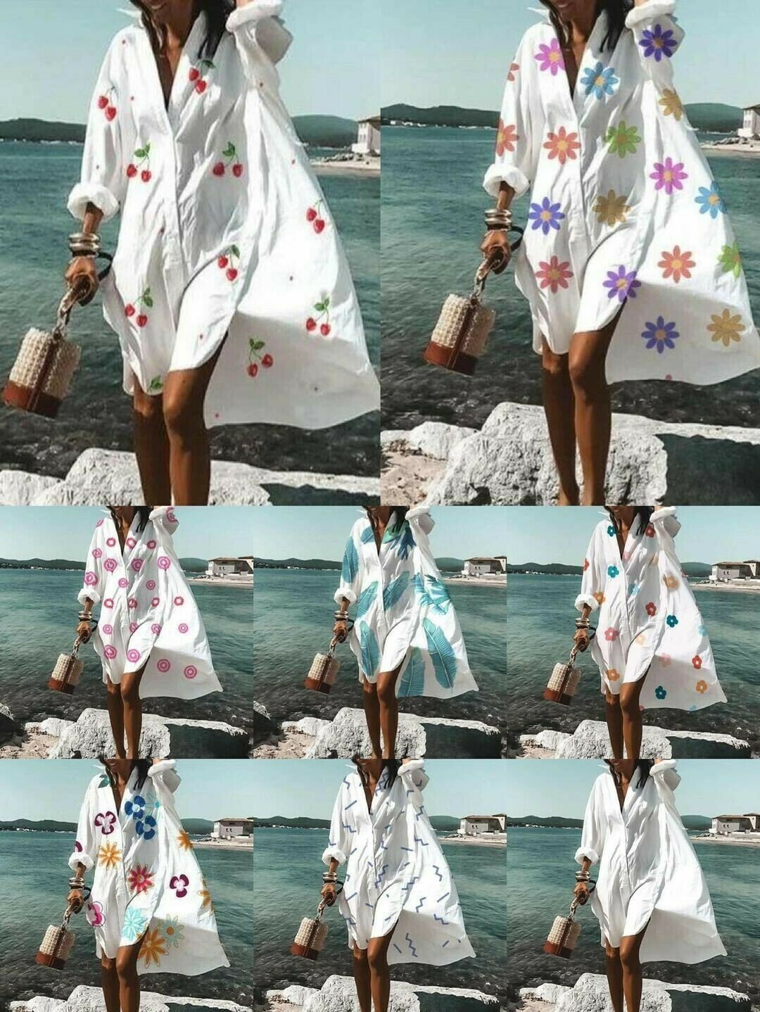 Ladies White Floral Print Loose Shirt Dress