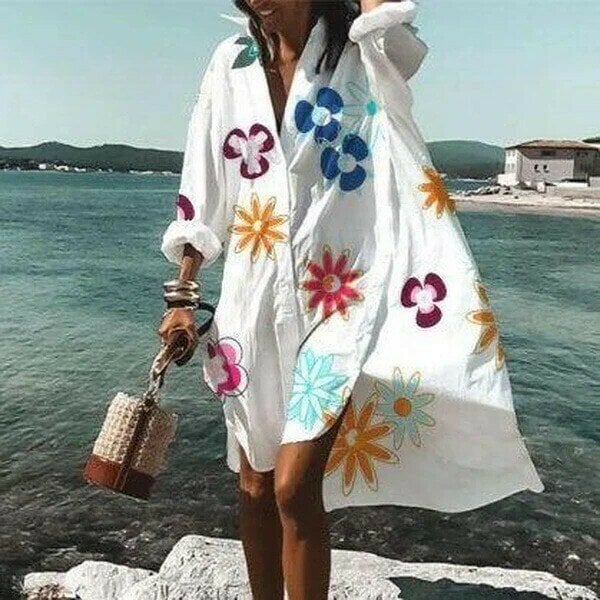 Ladies White Floral Print Loose Shirt Dress