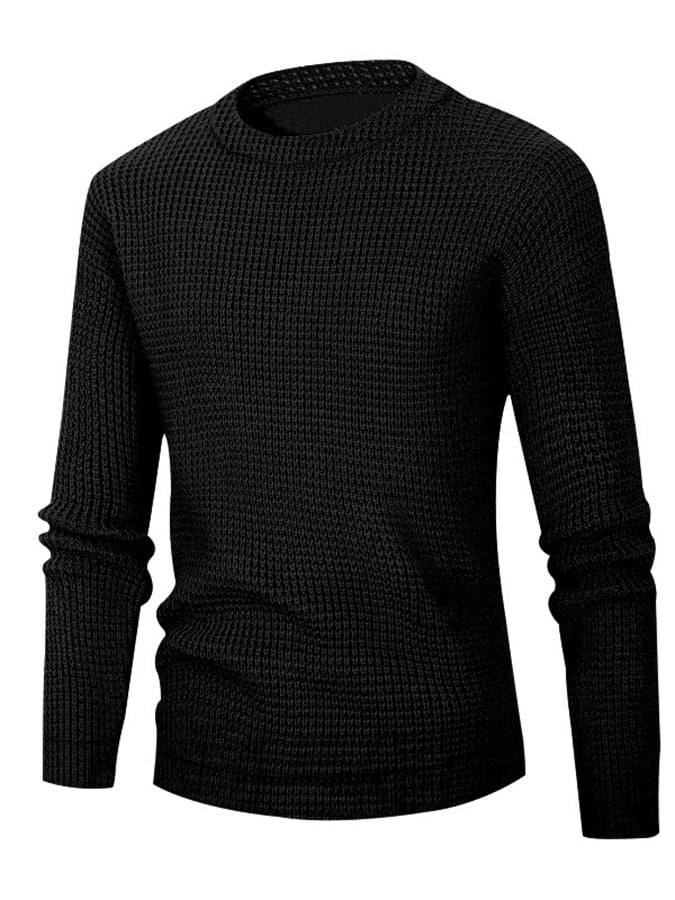 Men's Waffle Simple Solid Color Round Neck Long Sleeve Knit Shirt