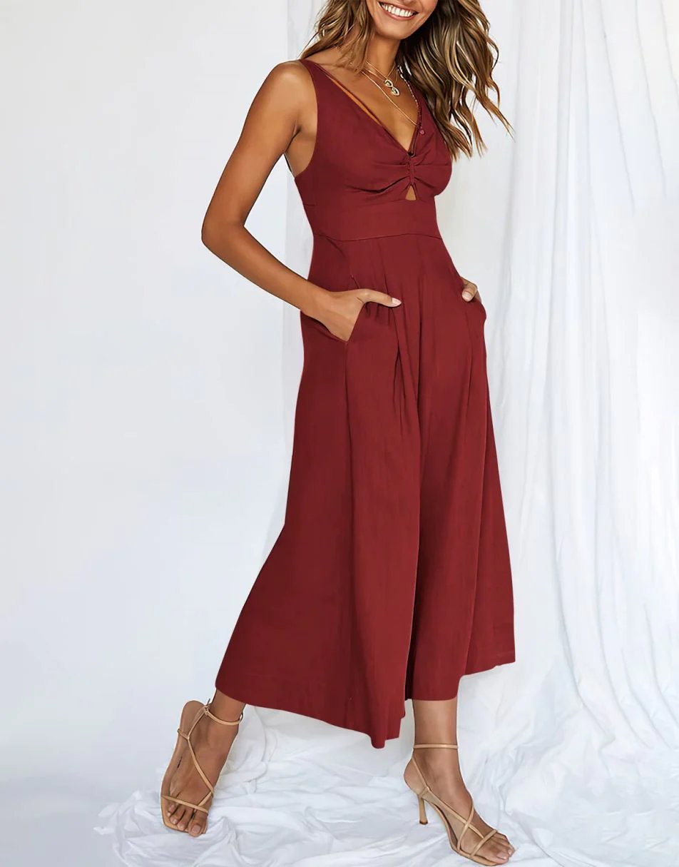 V Neck Cutout High-Waist Rompers