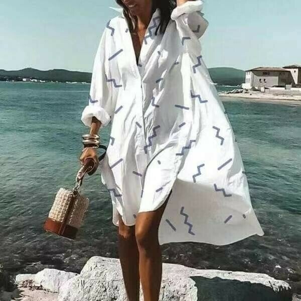 Ladies White Floral Print Loose Shirt Dress