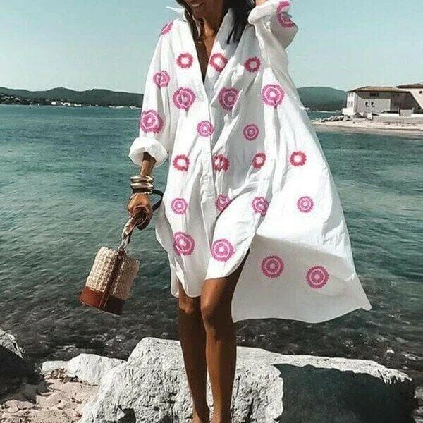 Ladies White Floral Print Loose Shirt Dress