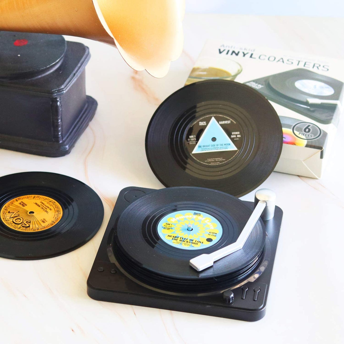 Vinyl Record Coasters with Retro Vinyl Player Holder