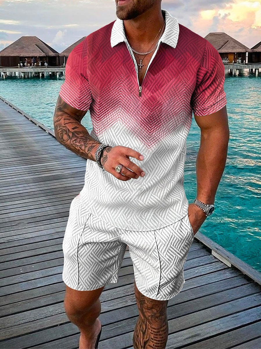 2023 New Men's Fashion Casual Suit Zipper Short Sleeve Polo Shirt Shorts 2 Piece Set